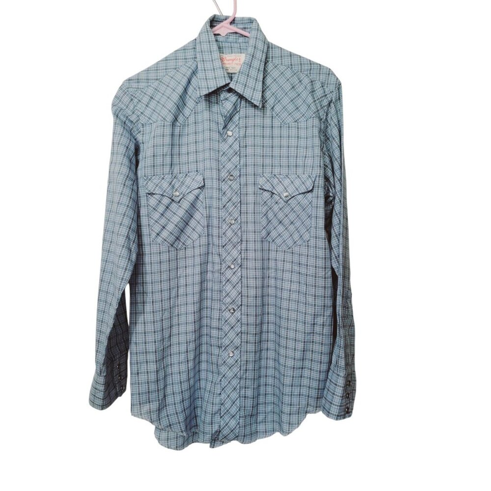 Wrangler Vintage Mens Western Pearl Snap Shirt 15.5 Long Tail Blue Ranch Country